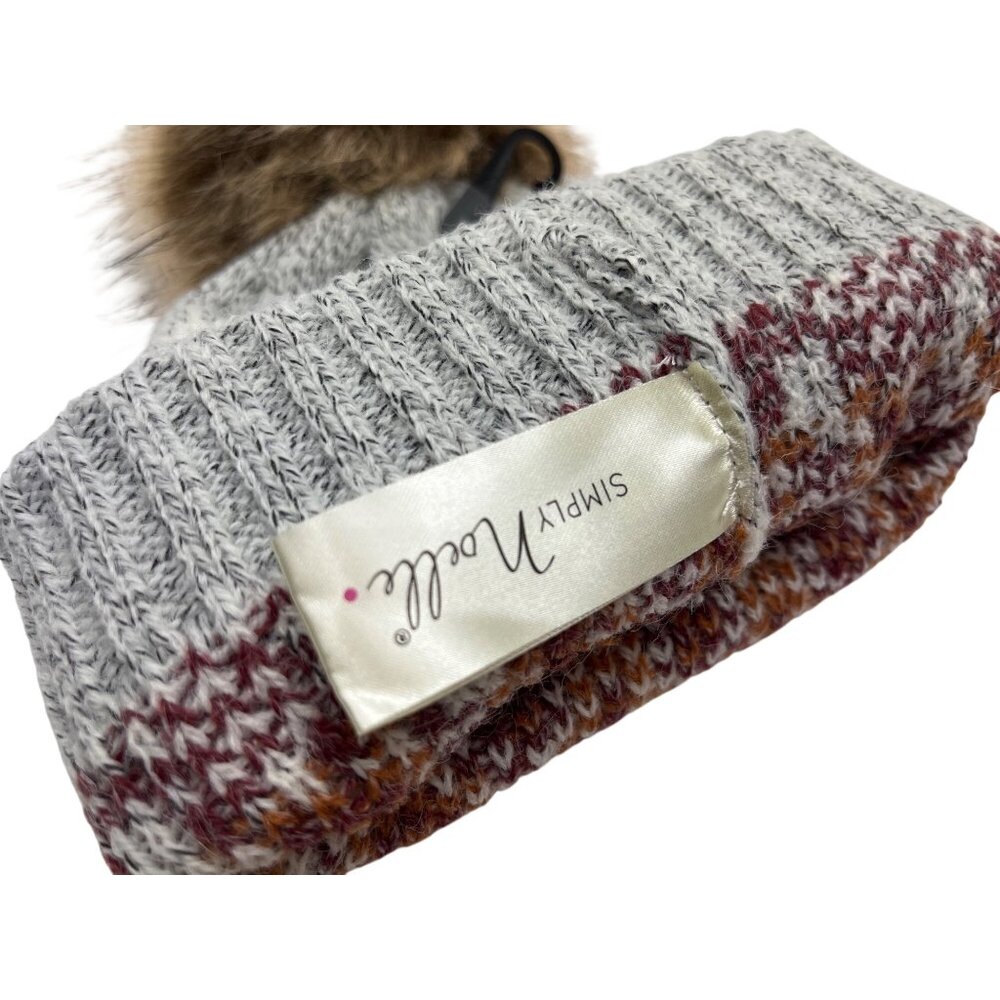 Simply Noel Womens Pom Beanie With Nordic Pattern & Faux Fur Pom Gray & Multicol - Picture 3 of 7